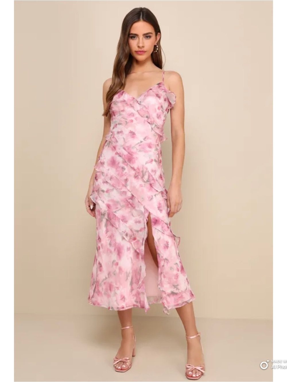 Lulus Large Dreamy Personality Pink Floral Ruffled Sleeveless Midi Dress NWT - Picture 11 of 17